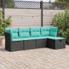 5 Piece Patio Sofa Set with Cushions Black Poly Rattan