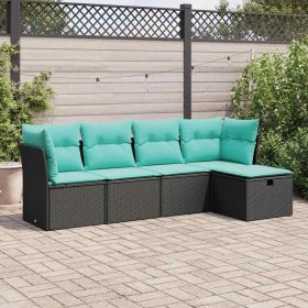 5 Piece Patio Sofa Set with Cushions Black Poly Rattan