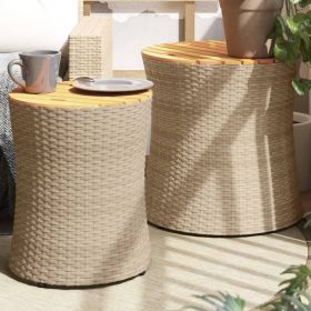 Patio Side Tables 2 pcs with Wooden Top Beige Poly Rattan