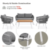 K&K 4-Piece Boho Rope Patio Furniture Set, Outdoor Furniture with Acacia Wood Table