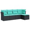 5 Piece Patio Sofa Set with Cushions Black Poly Rattan