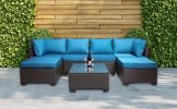 7 Pieces Outdoor Patio Sectional Sofa Couch, Silver Gray PE Wicker Furniture Conversation Sets with Washable Cushions & Glass Coffee Table for Garden