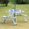 Outsunny Folding Picnic Table with Umbrella Hole, Aluminum Suitcase Portable Outdoor Table with Bench, Patio, Porch or Camping Table and Chair Set