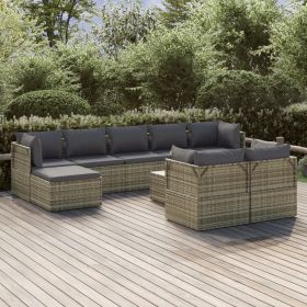 10 Piece Patio Lounge Set with Cushions Gray Poly Rattan (Color: Gray)