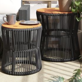 Patio Side Tables 2 pcs with Wooden Top Black Poly Rattan (Color: black)