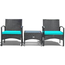 3 Pieces Patio Wicker Rattan Furniture Set with Cushion for Lawn Backyard (Color: Turquoise)