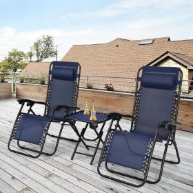 3 Pieces Folding Portable Zero Gravity Reclining Lounge Chairs Table Set (Color: Navy)