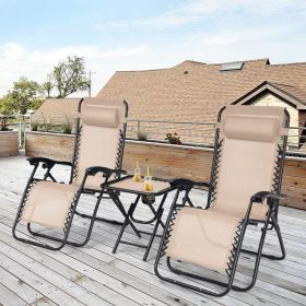 3 Pieces Folding Portable Zero Gravity Reclining Lounge Chairs Table Set (Color: Beige)