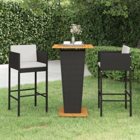 3 Piece Patio Bar Set with Cushions Poly Rattan Black (Color: black)