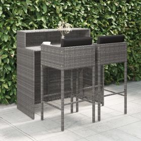 3 Piece Patio Bar Set with Cushions Poly Rattan Gray (Color: grey)