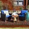 3 Pieces Patio Wicker Furniture Set with Washable Cushion and Acacia Wood Tabletop