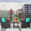 3 Pieces Patio Wicker Furniture Set with Washable Cushion and Acacia Wood Tabletop