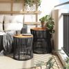 Patio Side Tables 2 pcs with Wooden Top Black Poly Rattan