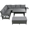 5-Piece Outdoor Patio Rattan Sofa Set; Sectional PE Wicker L-Shaped Garden Furniture Set with 2 Extendable Side Tables; Dining Table and Washable Cove