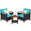 3 Pieces Patio Wicker Furniture Set with Washable Cushion and Acacia Wood Tabletop