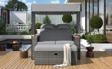 TREXM 2-Piece Rattan Outdoor Patio Bench Lounge Roof Set, Effective UV Protection Fabric & Waterproof Cushions and Adjustable Backrest for Garden
