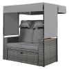 TREXM 2-Piece Rattan Outdoor Patio Bench Lounge Roof Set, Effective UV Protection Fabric & Waterproof Cushions and Adjustable Backrest for Garden