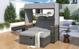 TREXM 2-Piece Rattan Outdoor Patio Bench Lounge Roof Set, Effective UV Protection Fabric & Waterproof Cushions and Adjustable Backrest for Garden