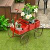 Wooden Wagon Plant Bed with Metal Wheels for Garden Yard Patio