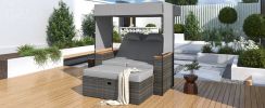 TREXM 2-Piece Rattan Outdoor Patio Bench Lounge Roof Set, Effective UV Protection Fabric & Waterproof Cushions and Adjustable Backrest for Garden